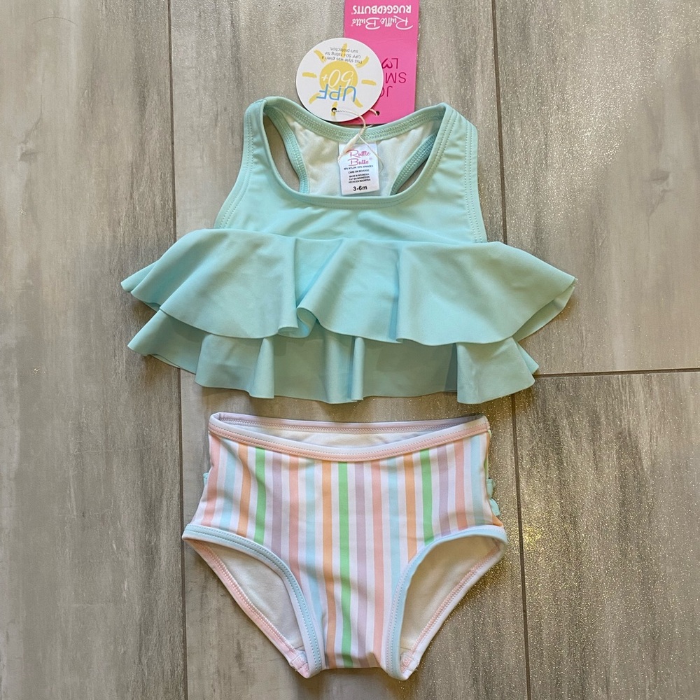 NWT RuffleButts Pale Rainbow Stripe Flounce Top 2-Piece Ruffled Bikini, 3-6M